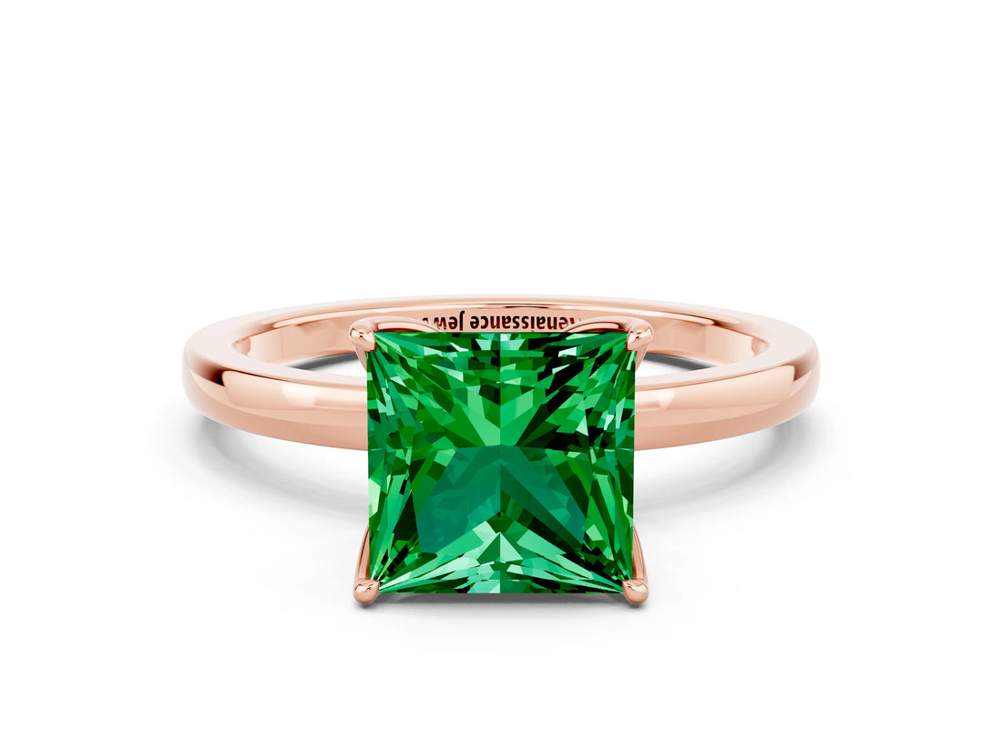 Rose gold Princess Cut Emerald Solitaire Ring with Thin Band and Prong Setting_12