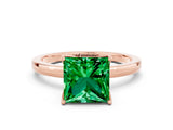 Rose gold Princess Cut Emerald Solitaire Ring with Thin Band and Prong Setting_12