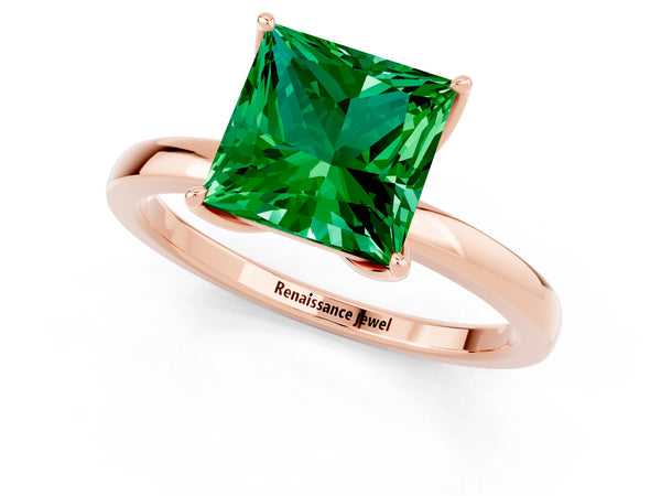 Rose gold Princess Cut Emerald Solitaire Ring with Thin Band and Prong Setting