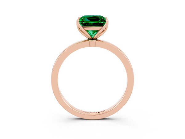 Rose gold Princess Cut Emerald Solitaire Ring with Thin Band and Prong Setting
