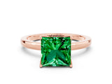 Rose gold Princess Cut Emerald Solitaire Ring with Thin Band and Prong Setting_24