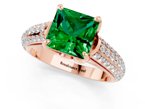 Rose gold Princess Cut Emerald Solitaire Ring with Three-Row Pavé Band and Four-Prong Setting_13