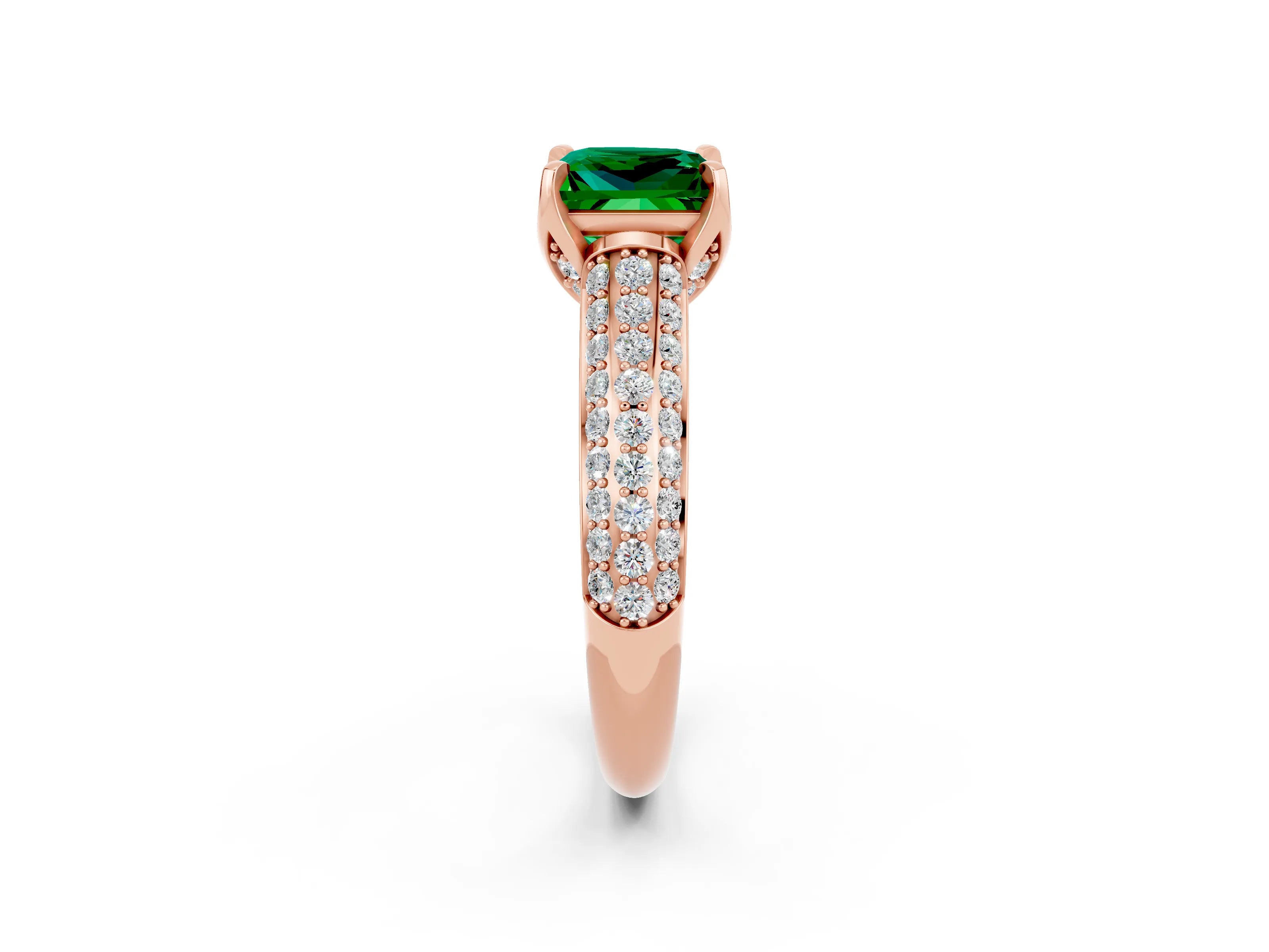 Rose gold Princess Cut Emerald Solitaire Ring with Three-Row Pavé Band and Four-Prong Setting_14