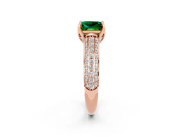 Rose gold Princess Cut Emerald Solitaire Ring with Three-Row Pavé Band and Four-Prong Setting