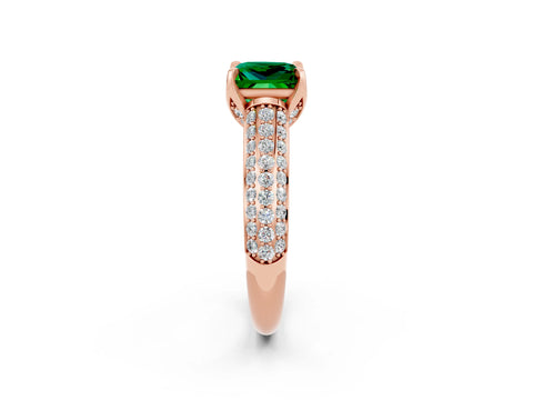 Rose gold Princess Cut Emerald Solitaire Ring with Three-Row Pavé Band and Four-Prong Setting_14