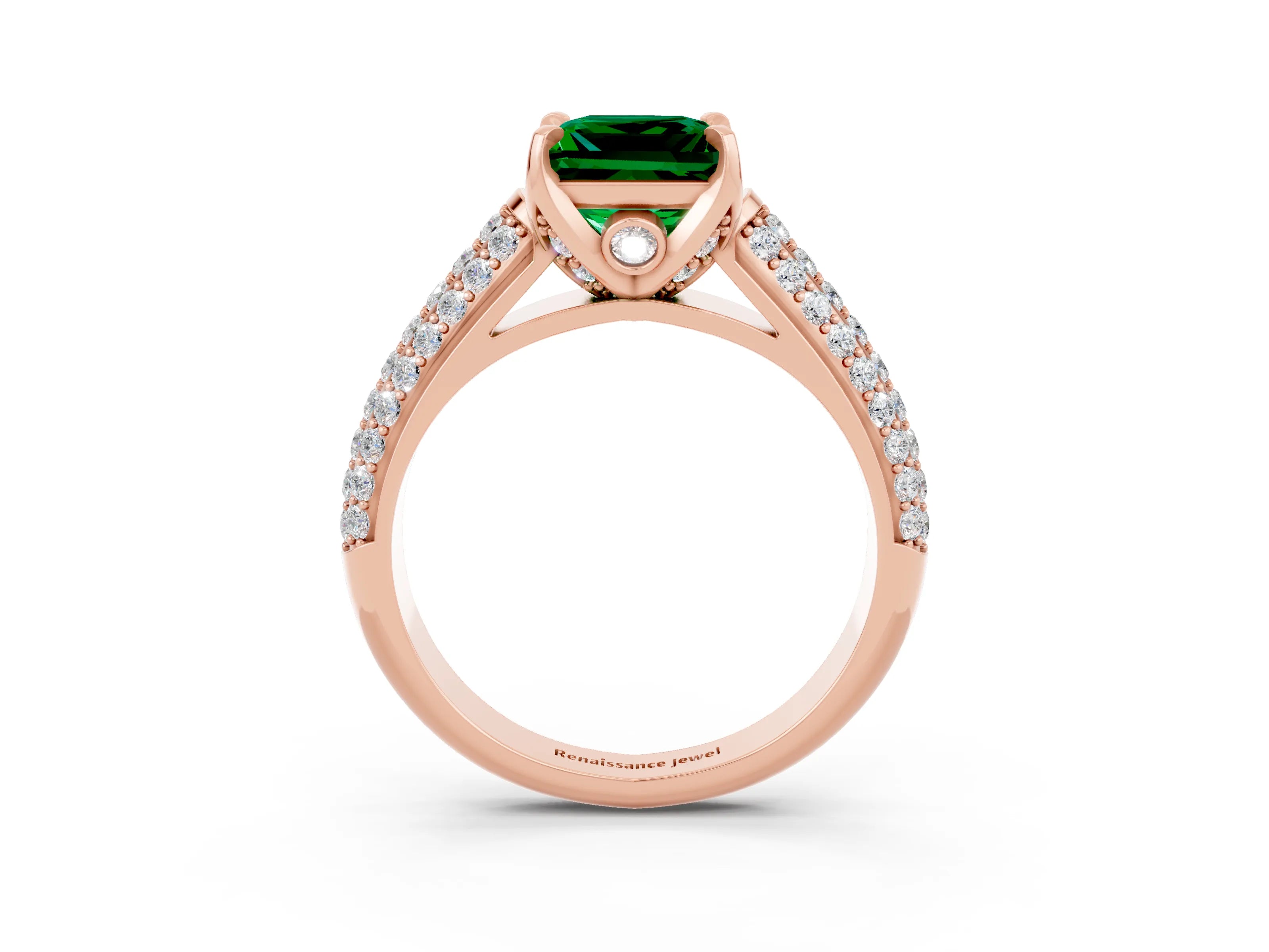 Rose gold Princess Cut Emerald Solitaire Ring with Three-Row Pavé Band and Four-Prong Setting_15