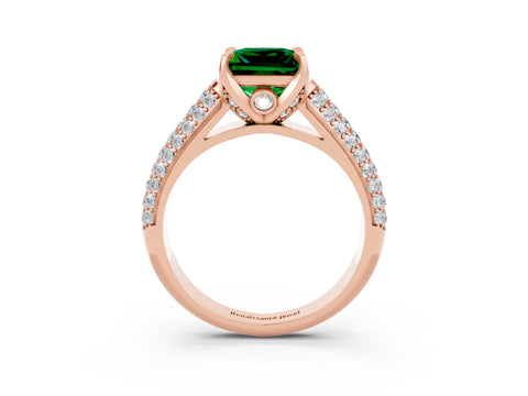 Rose gold Princess Cut Emerald Solitaire Ring with Three-Row Pavé Band and Four-Prong Setting_15