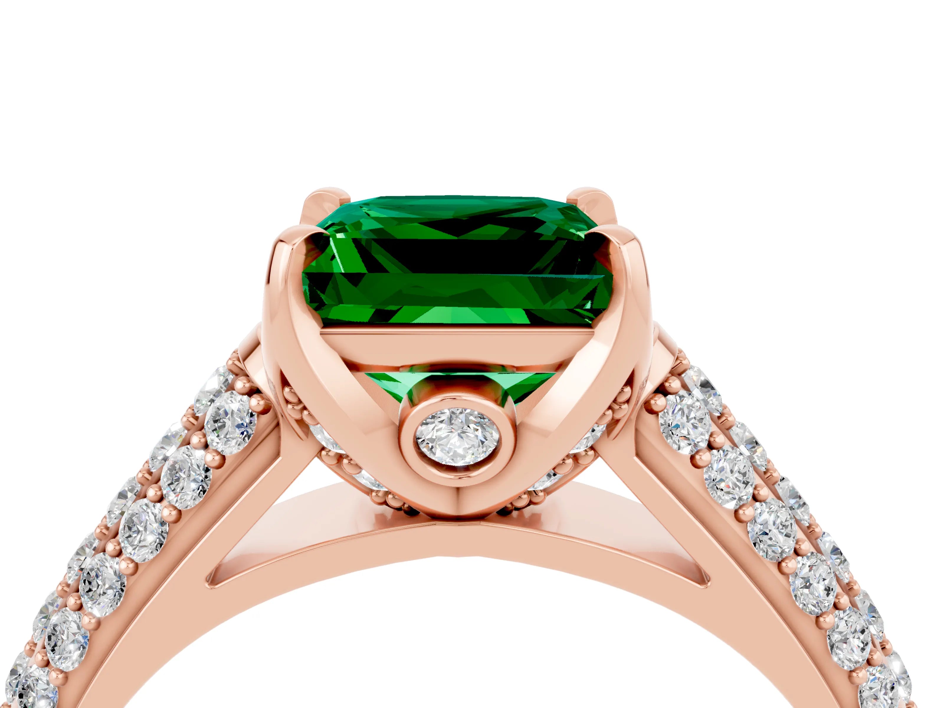 Rose gold Princess Cut Emerald Solitaire Ring with Three-Row Pavé Band and Four-Prong Setting_16