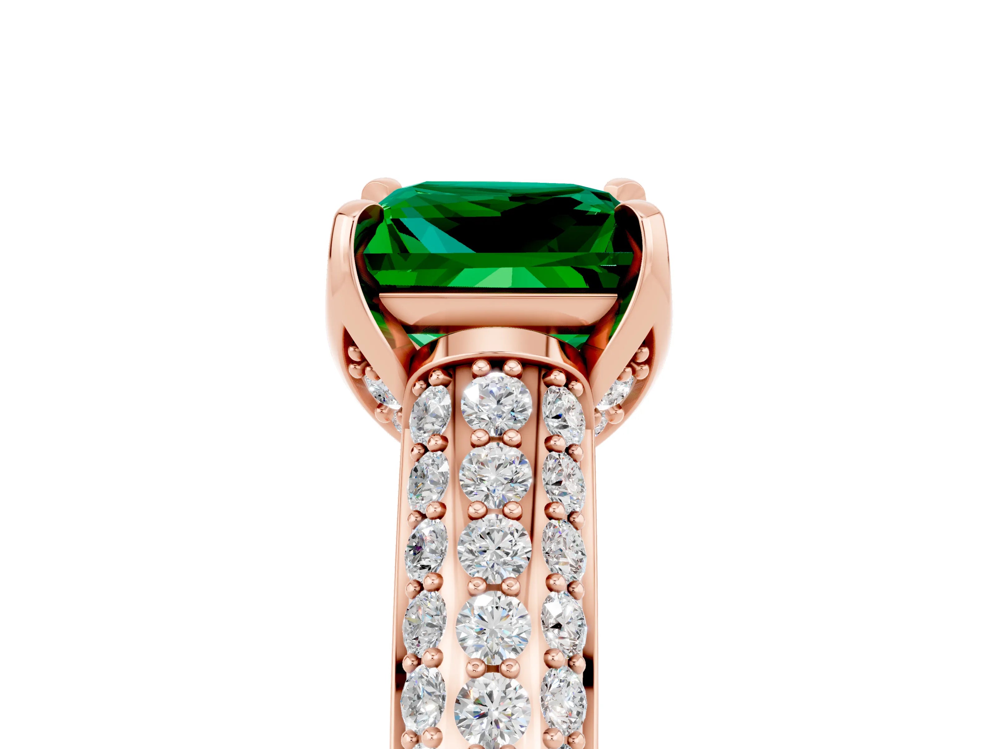 Rose gold Princess Cut Emerald Solitaire Ring with Three-Row Pavé Band and Four-Prong Setting_17