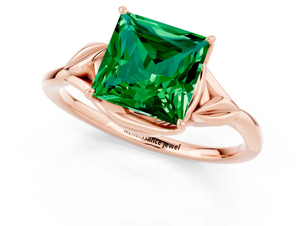 Rose gold Princess Cut Emerald Solitaire Ring with Twist Band and Four-Prong Setting