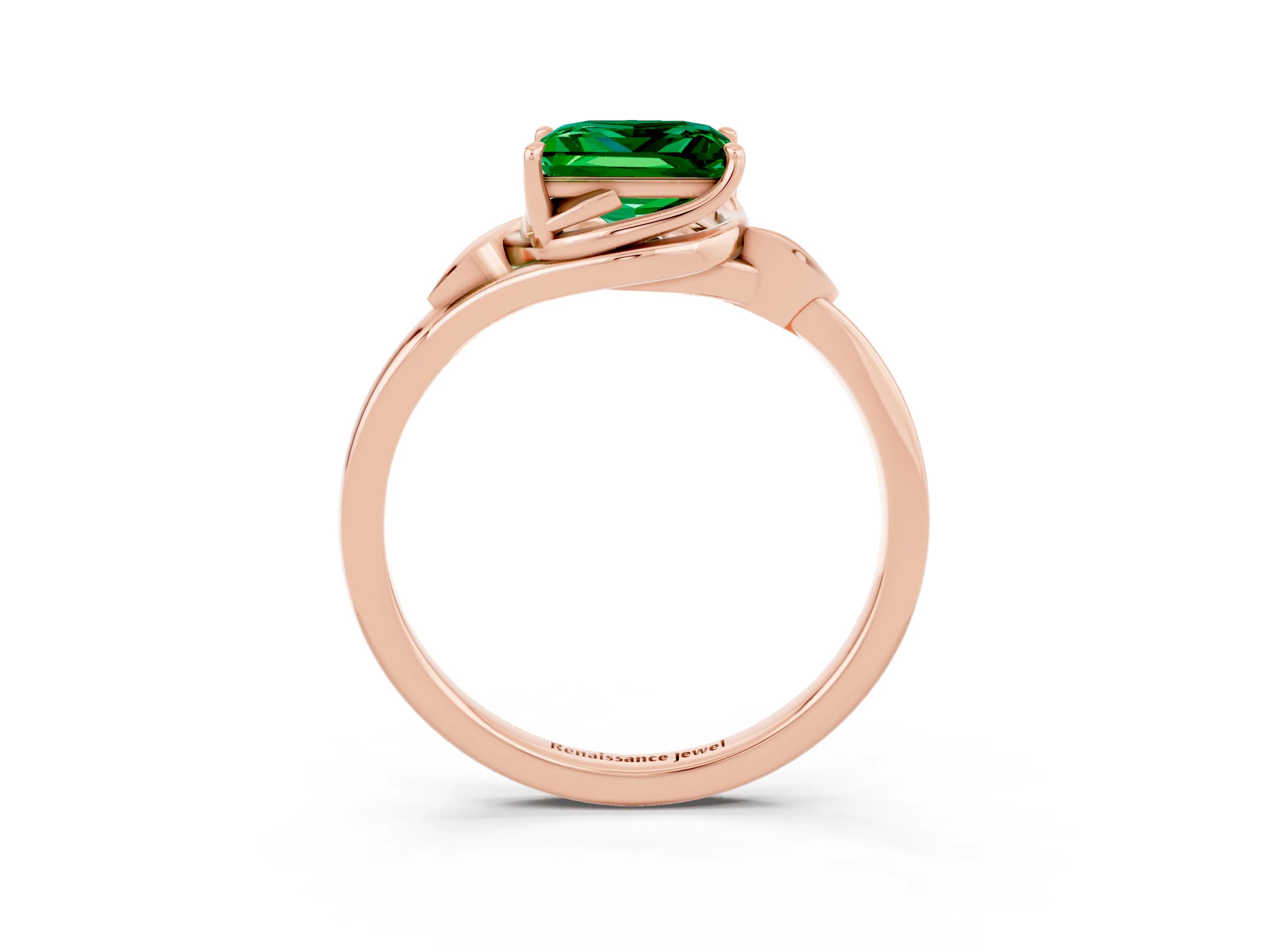 Rose gold Princess Cut Emerald Solitaire Ring with Twist Band and Four-Prong Setting_27