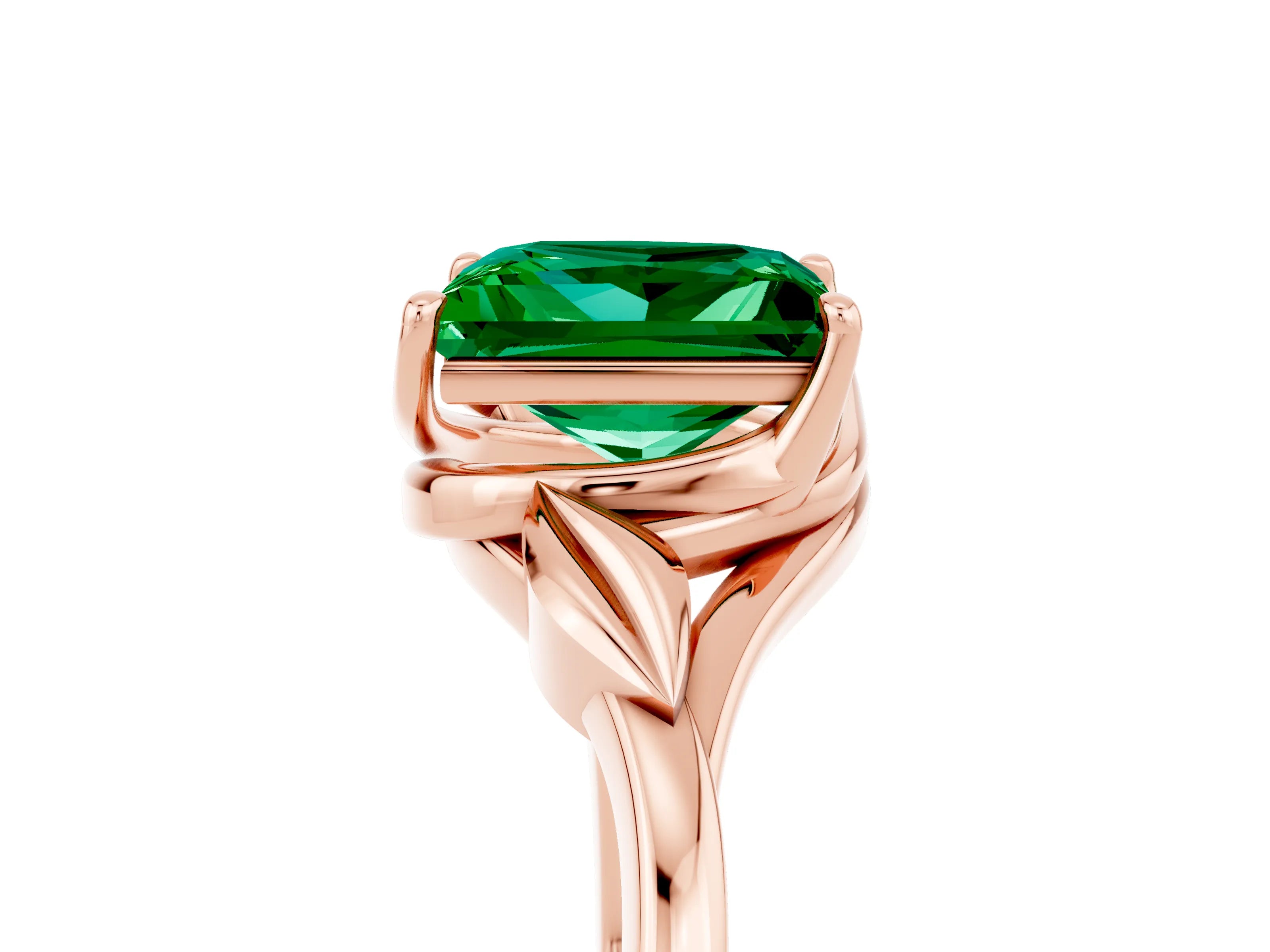 Rose gold Princess Cut Emerald Solitaire Ring with Twist Band and Four-Prong Setting_29
