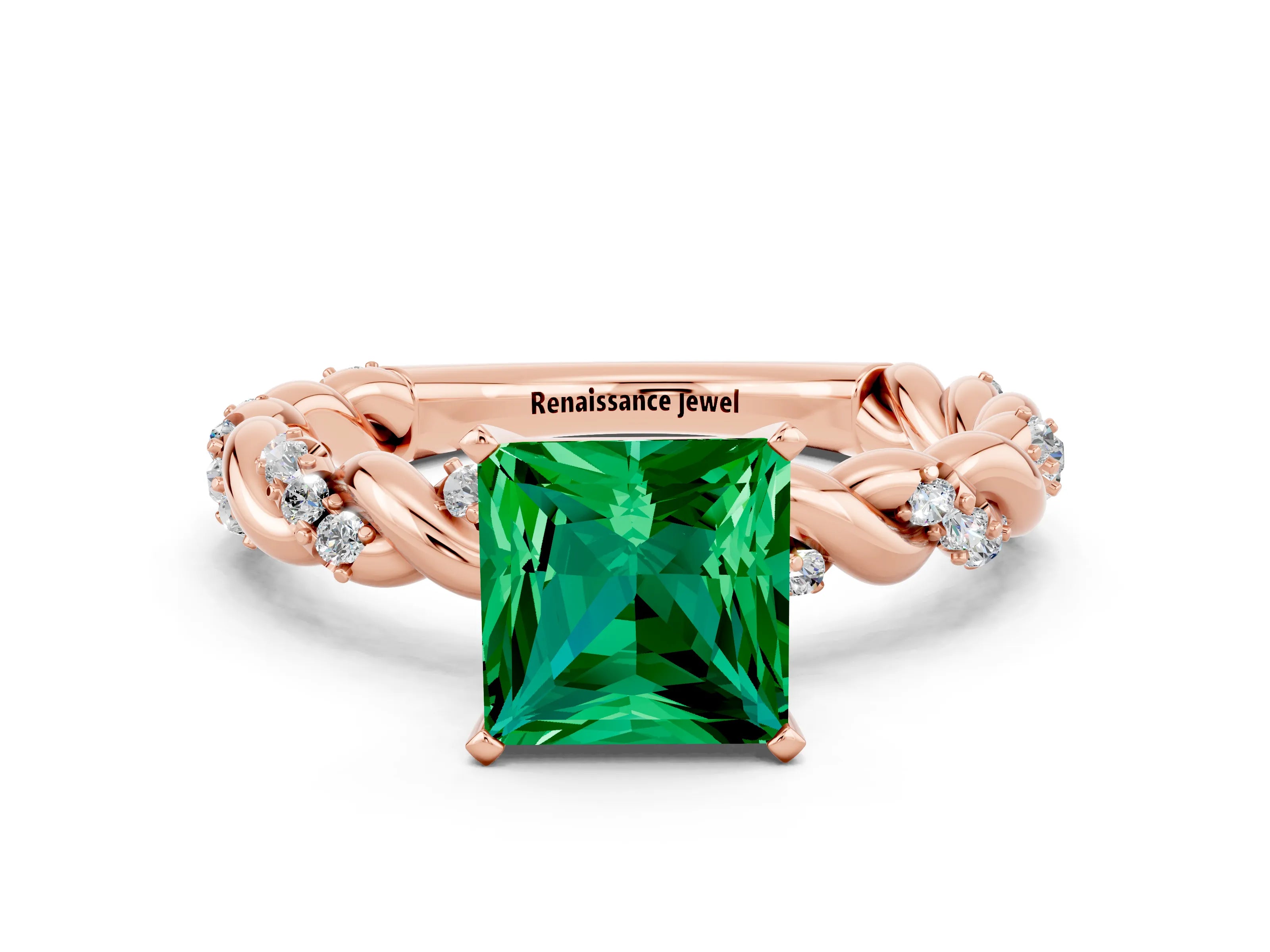 Rose gold Princess Cut Emerald Solitaire Ring with Twisted Band and Pavé Accents