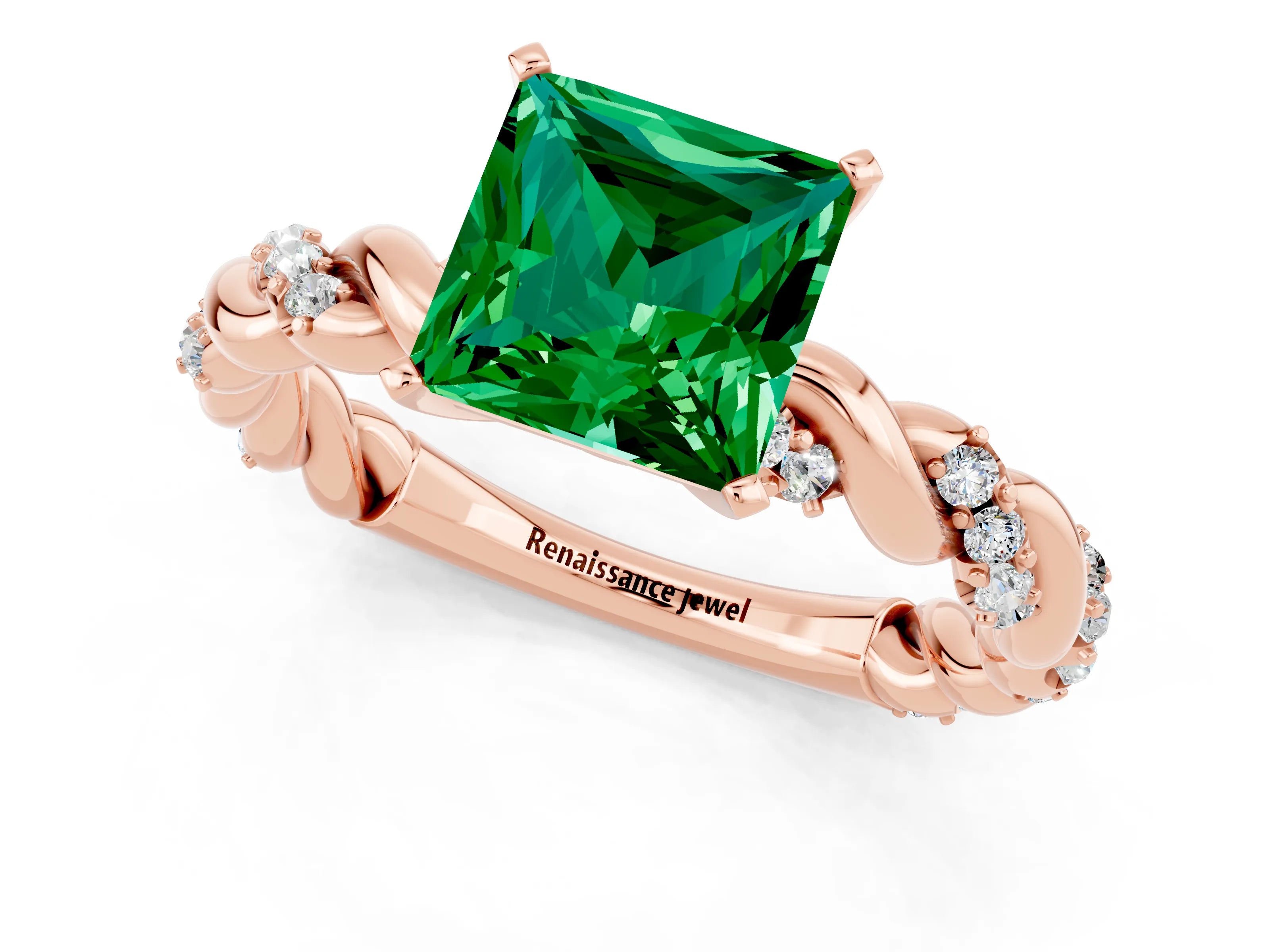 Rose gold Princess Cut Emerald Solitaire Ring with Twisted Band and Pavé Accents_1