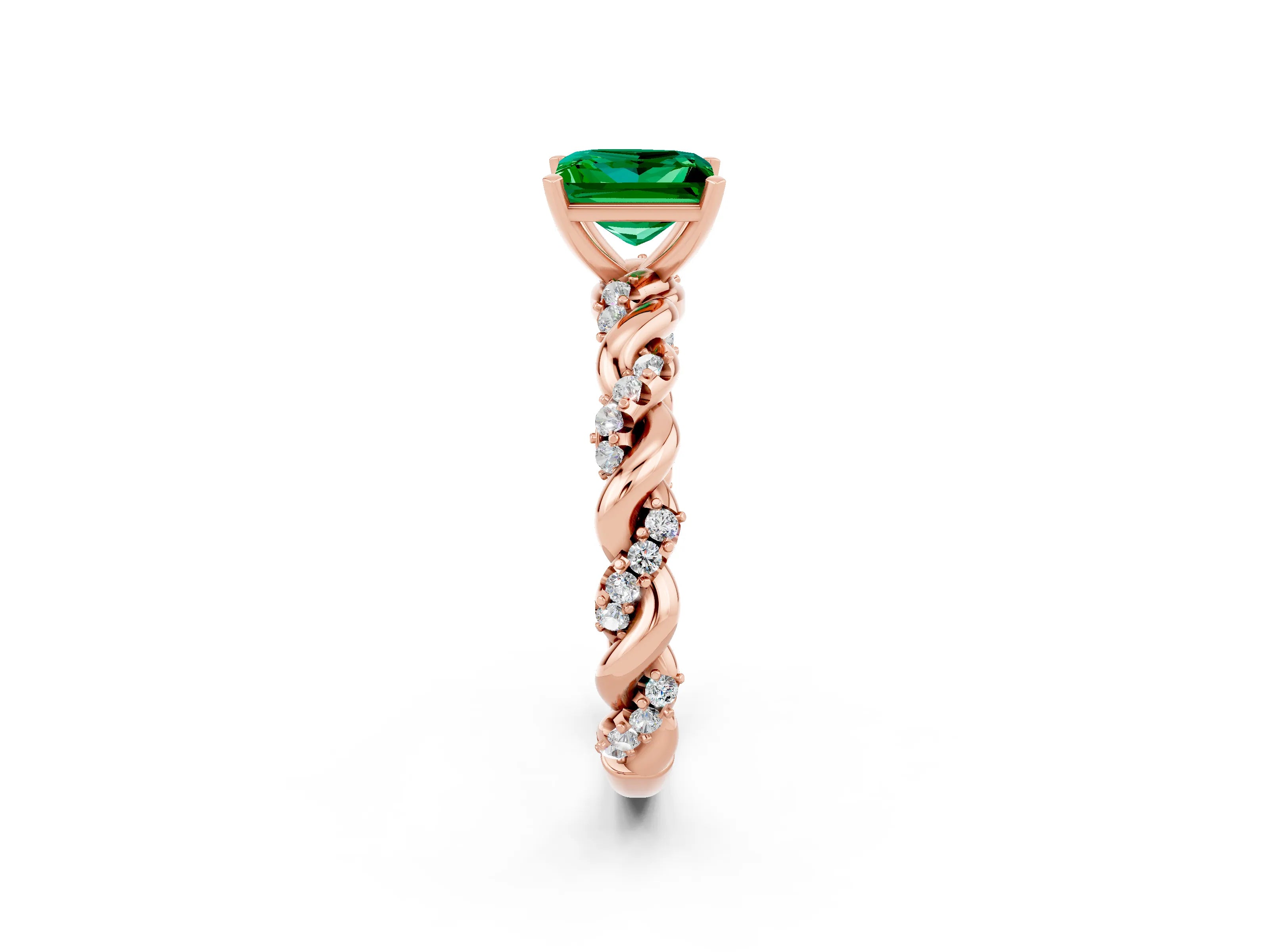 Rose gold Princess Cut Emerald Solitaire Ring with Twisted Band and Pavé Accents_2
