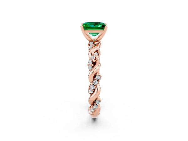 Rose gold Princess Cut Emerald Solitaire Ring with Twisted Band and Pavé Accents