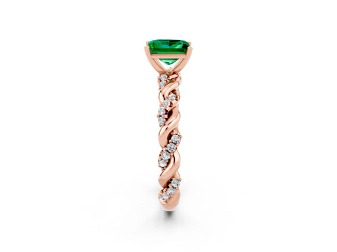 Rose gold Princess Cut Emerald Solitaire Ring with Twisted Band and Pavé Accents_2