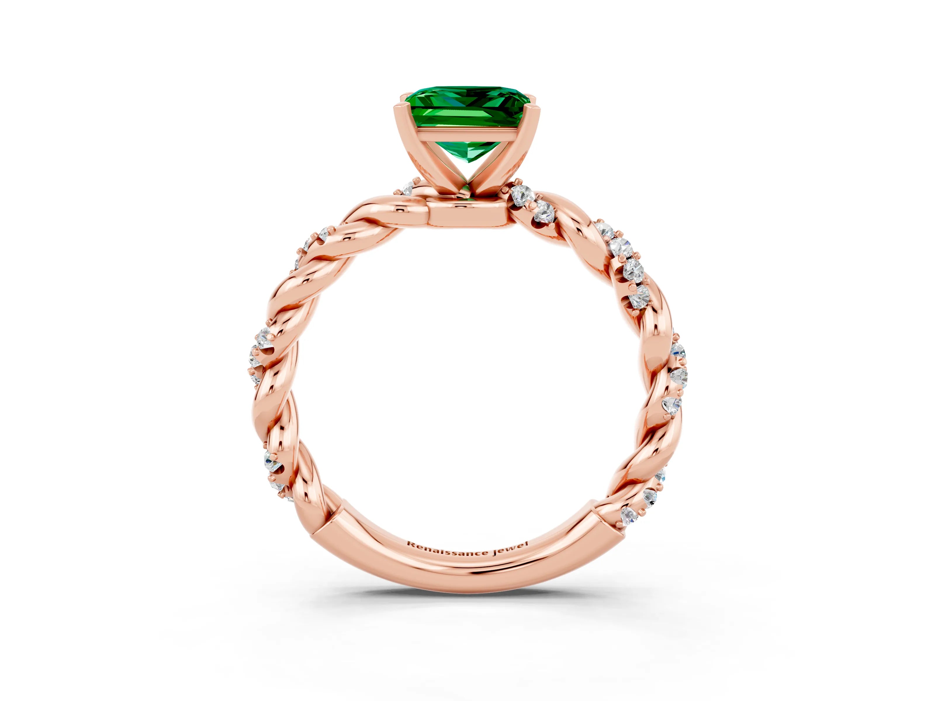 Rose gold Princess Cut Emerald Solitaire Ring with Twisted Band and Pavé Accents_3