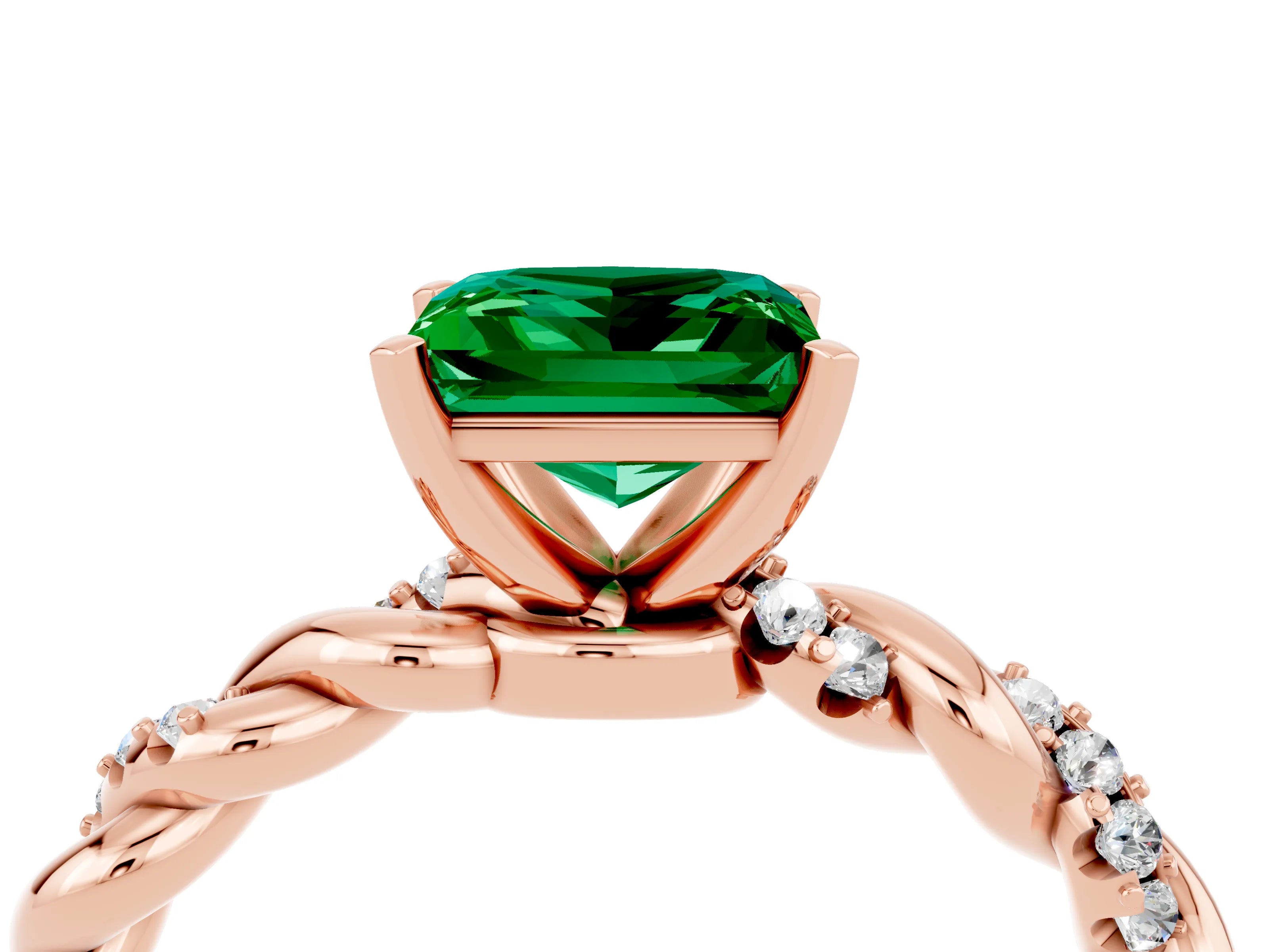 Rose gold Princess Cut Emerald Solitaire Ring with Twisted Band and Pavé Accents_4