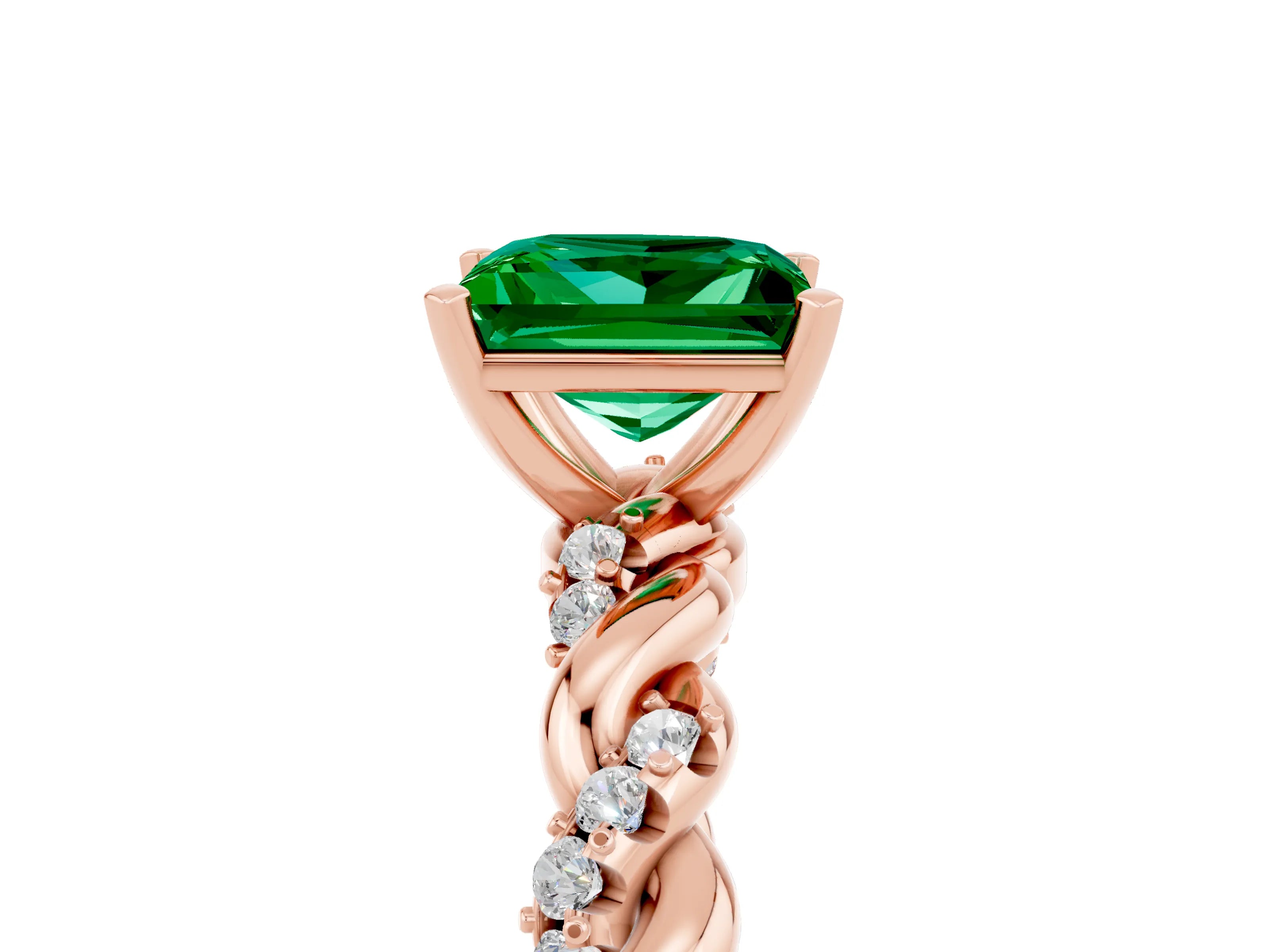 Rose gold Princess Cut Emerald Solitaire Ring with Twisted Band and Pavé Accents_5
