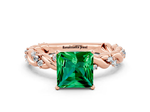 Rose gold Princess Cut Emerald Solitaire Ring with Twisted Band and Pavé Accents