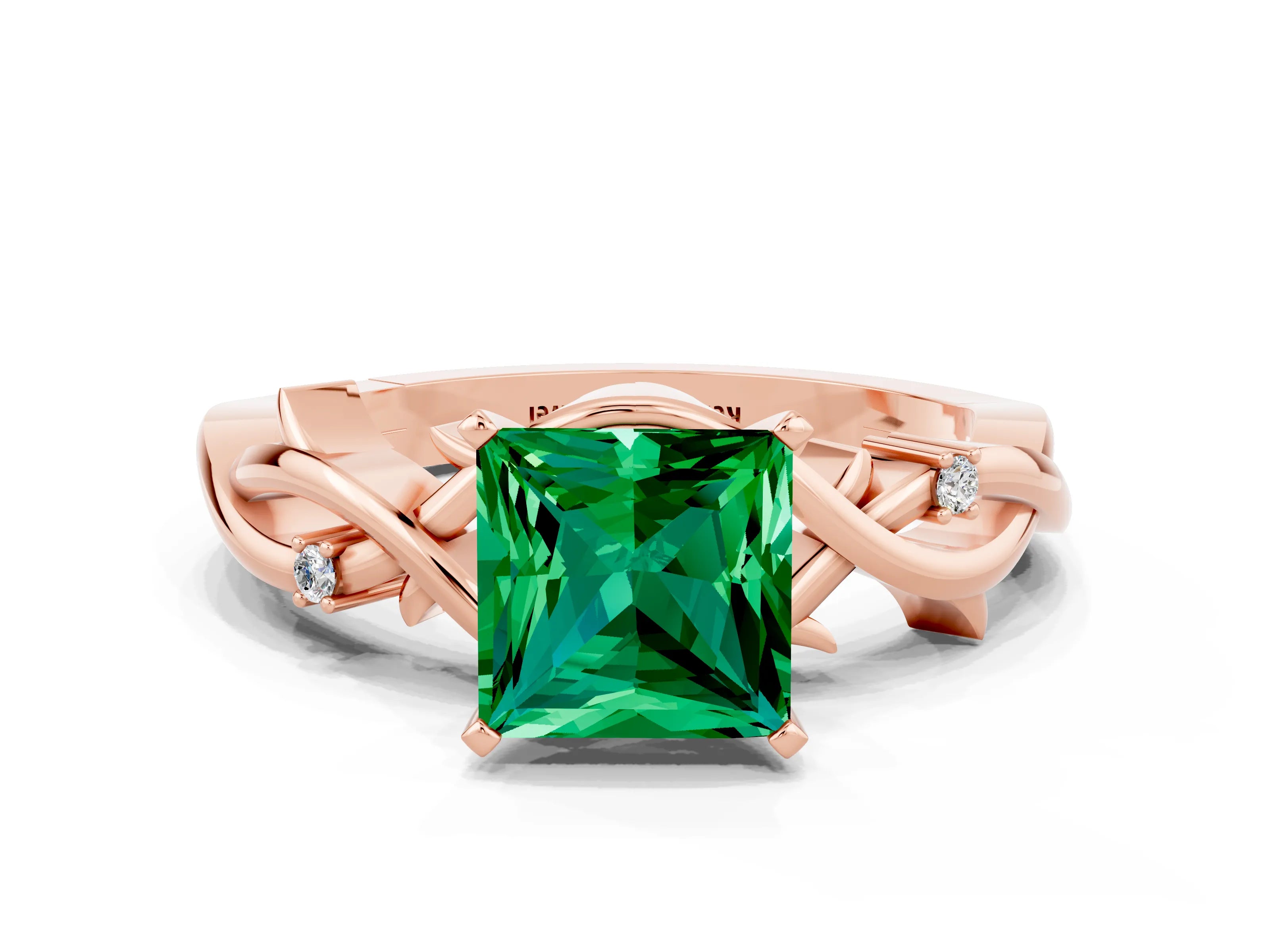 Rose gold Princess Cut Emerald Solitaire Ring with Twisted Band and Prong Setting