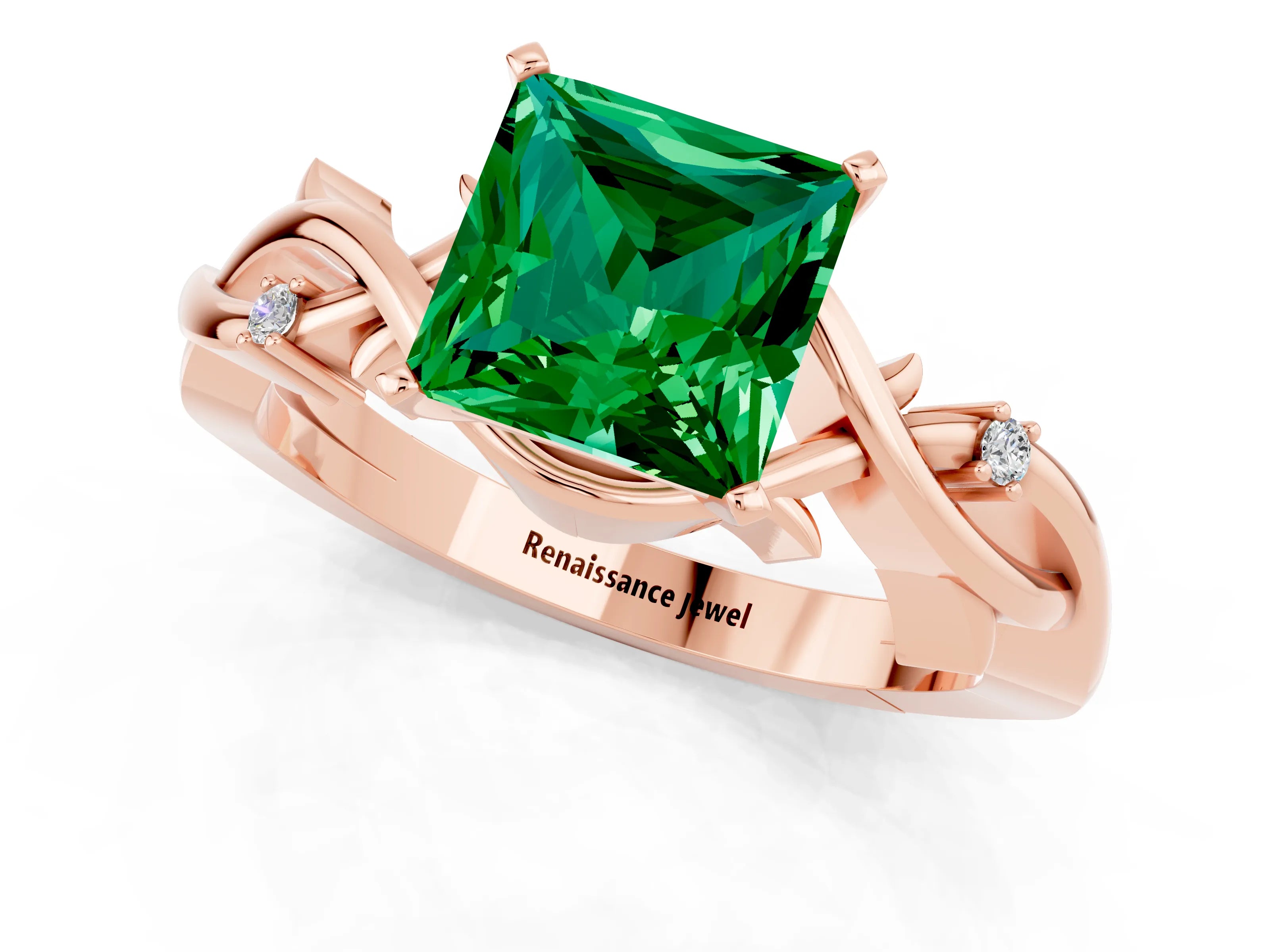 Rose gold Princess Cut Emerald Solitaire Ring with Twisted Band and Prong Setting_1