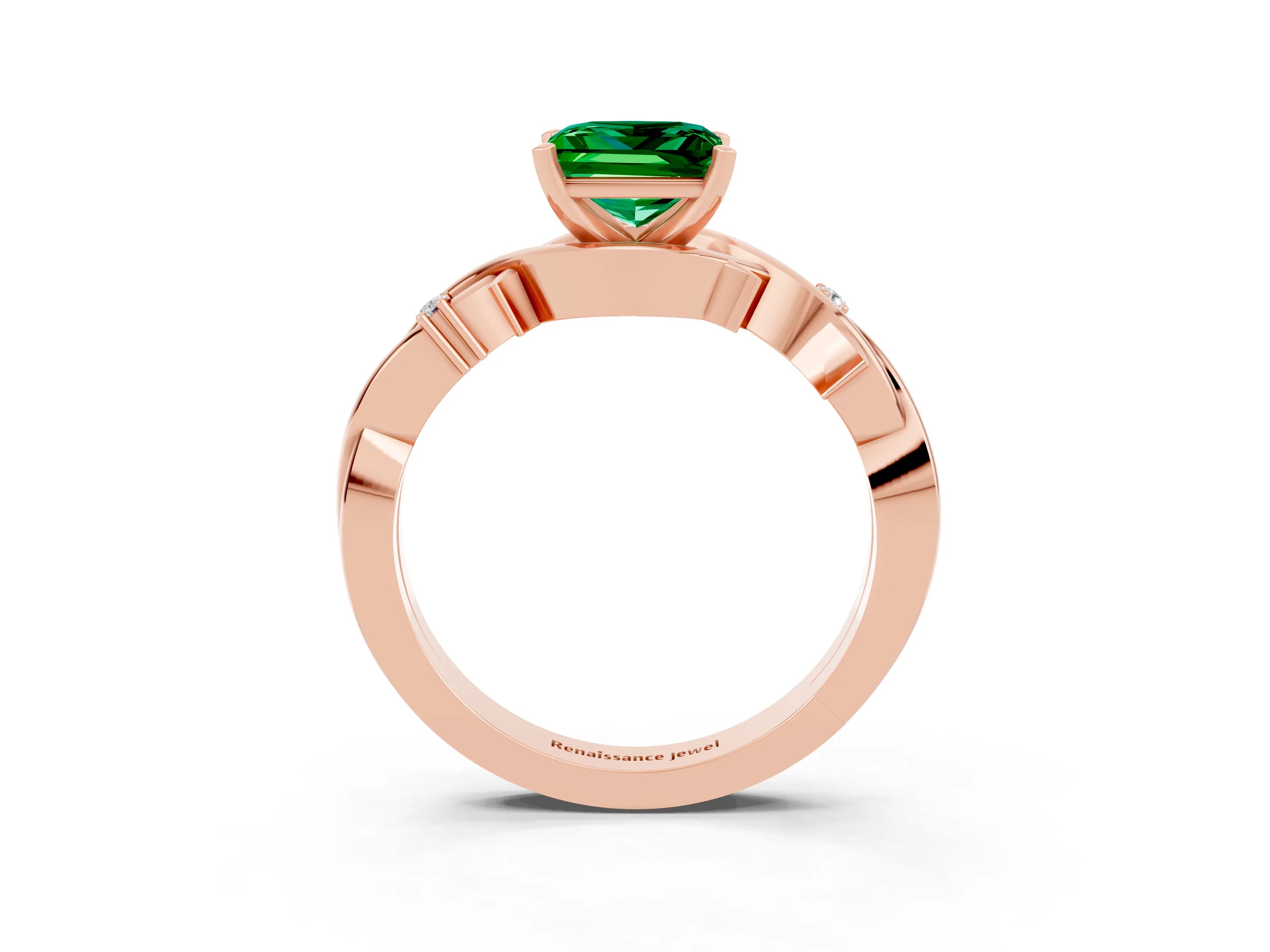 Rose gold Princess Cut Emerald Solitaire Ring with Twisted Band and Prong Setting_3