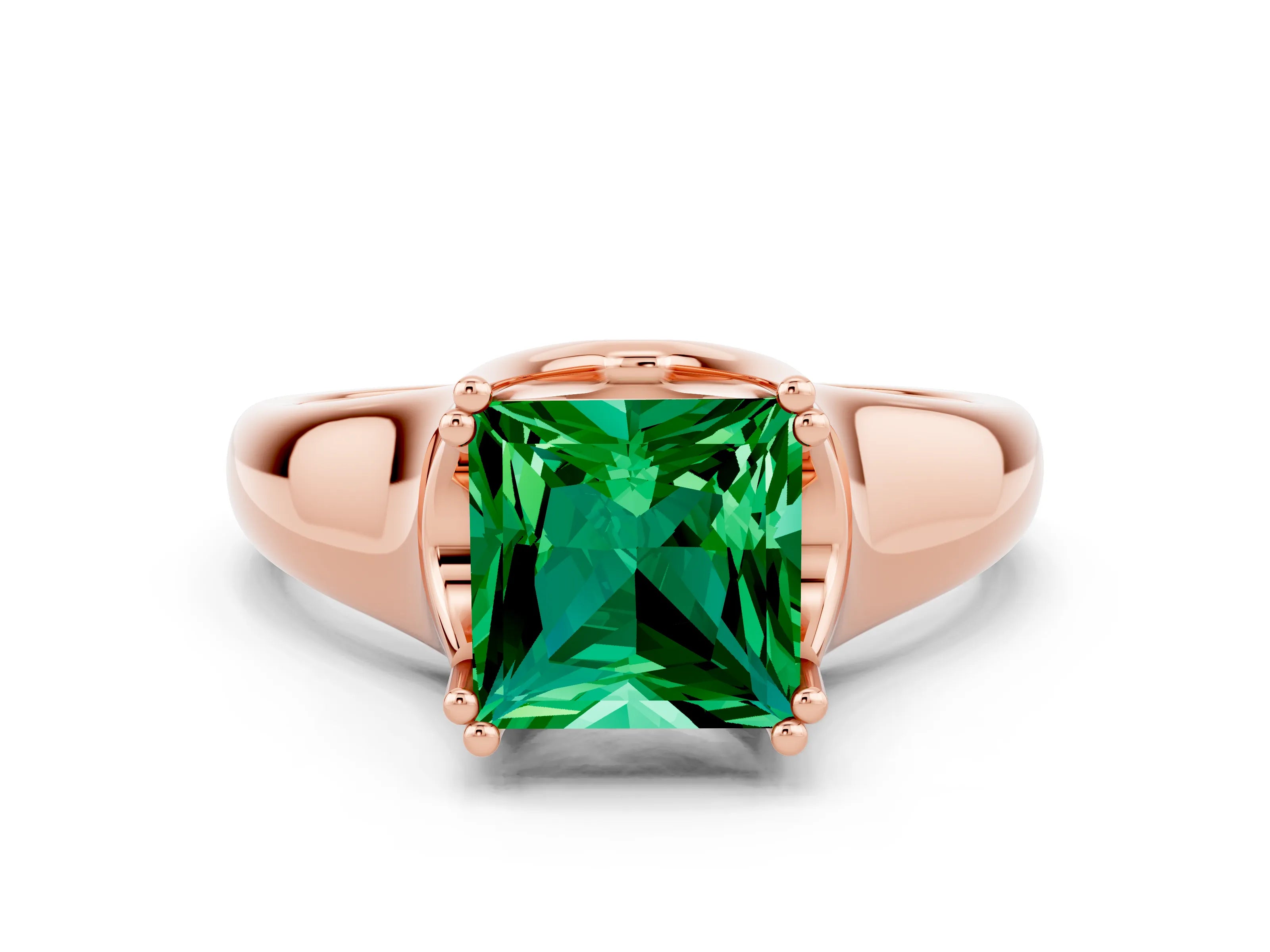 Rose gold Princess Cut Emerald Solitaire Ring with Wide Band and Prong Setting