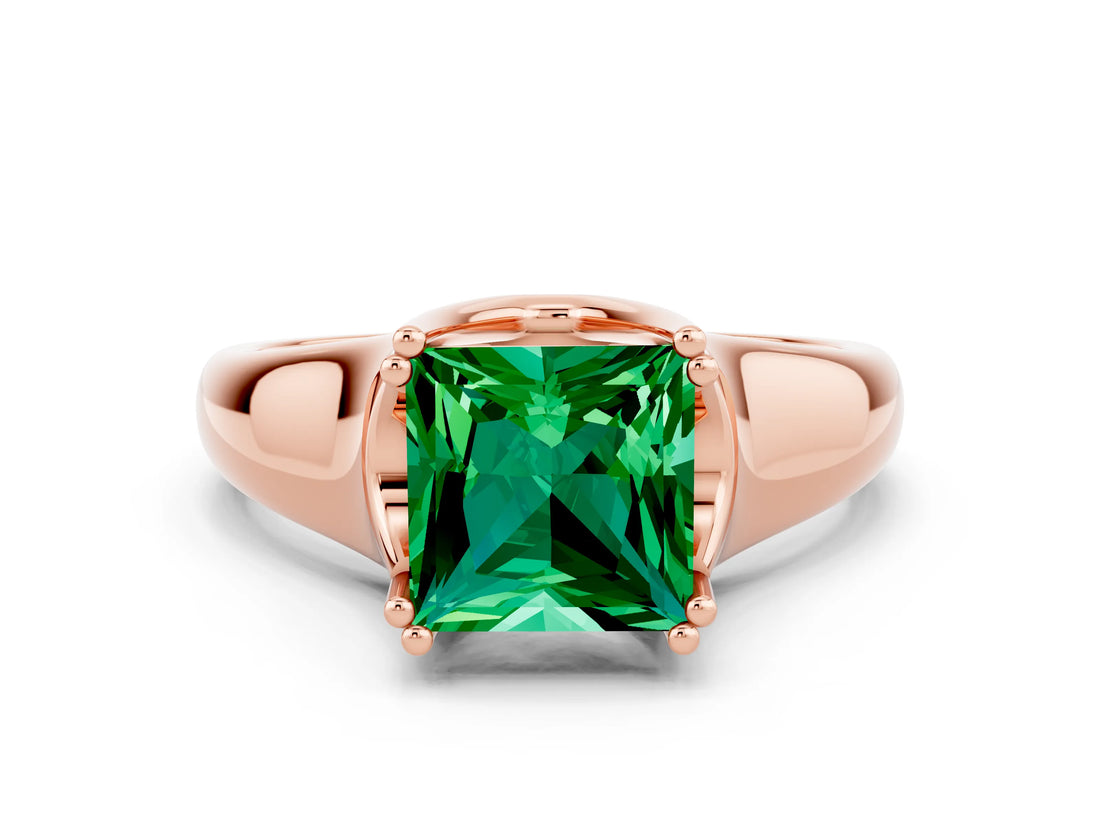 Rose gold Princess Cut Emerald Solitaire Ring with Wide Band and Prong Setting