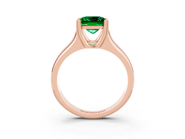 Rose gold Princess Cut Emerald Solitaire Ring with Wide Band and Prong Setting