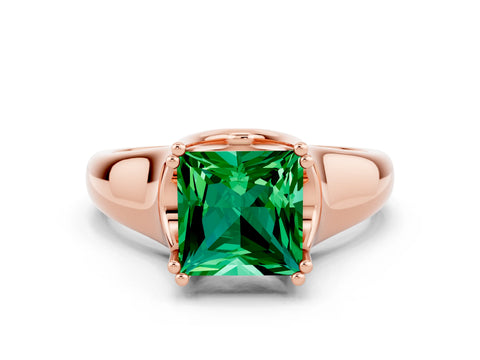 Rose gold Princess Cut Emerald Solitaire Ring with Wide Band and Prong Setting