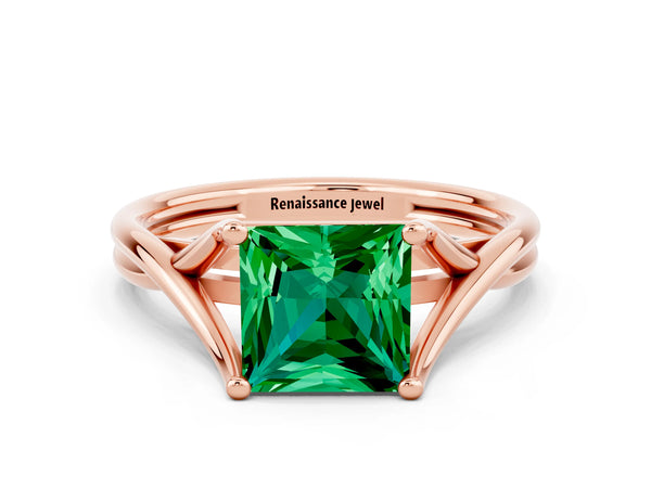 Rose gold Princess Cut Emerald Solitaire Twist Band Prong Setting Ring