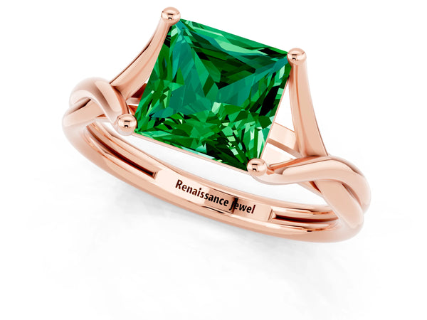 Rose gold Princess Cut Emerald Solitaire Twist Band Prong Setting Ring