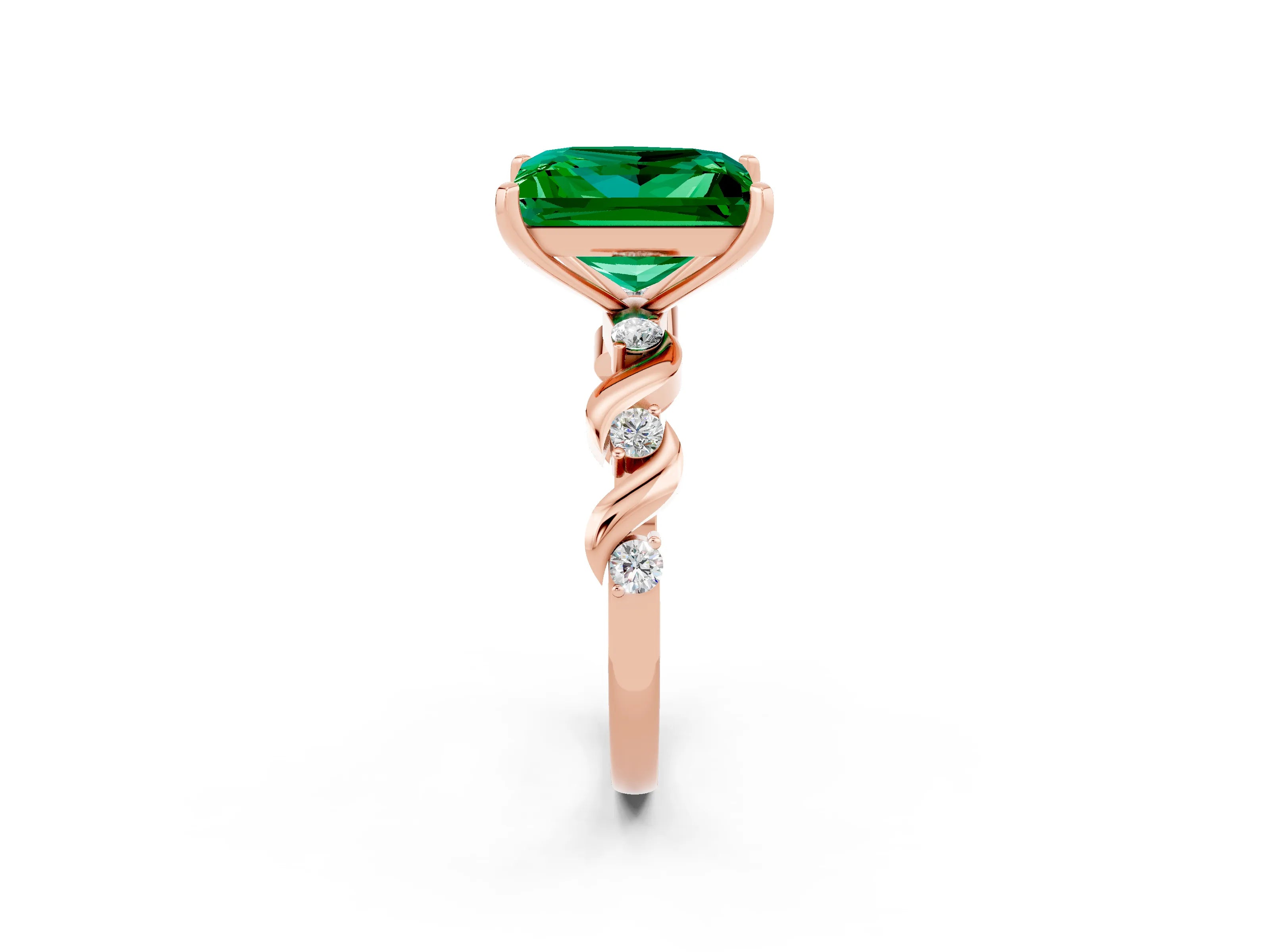 Rose gold Princess Cut Emerald Solitaire Twisted Band with Round  Accents and Prong Setting_14