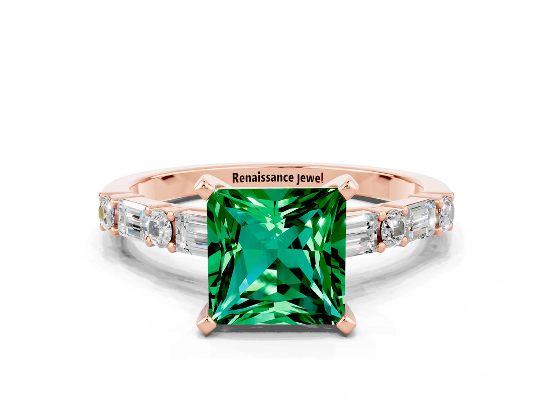 Rose gold Princess Cut Emerald Solitaire with Side Baguettes and Channel Set Band