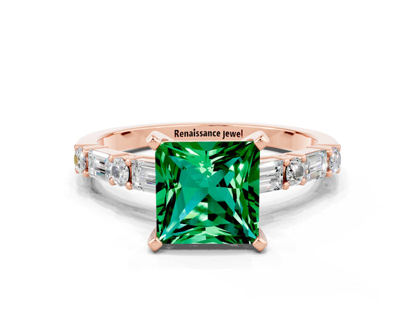 Rose gold Princess Cut Emerald Solitaire with Side Baguettes and Channel Set Band