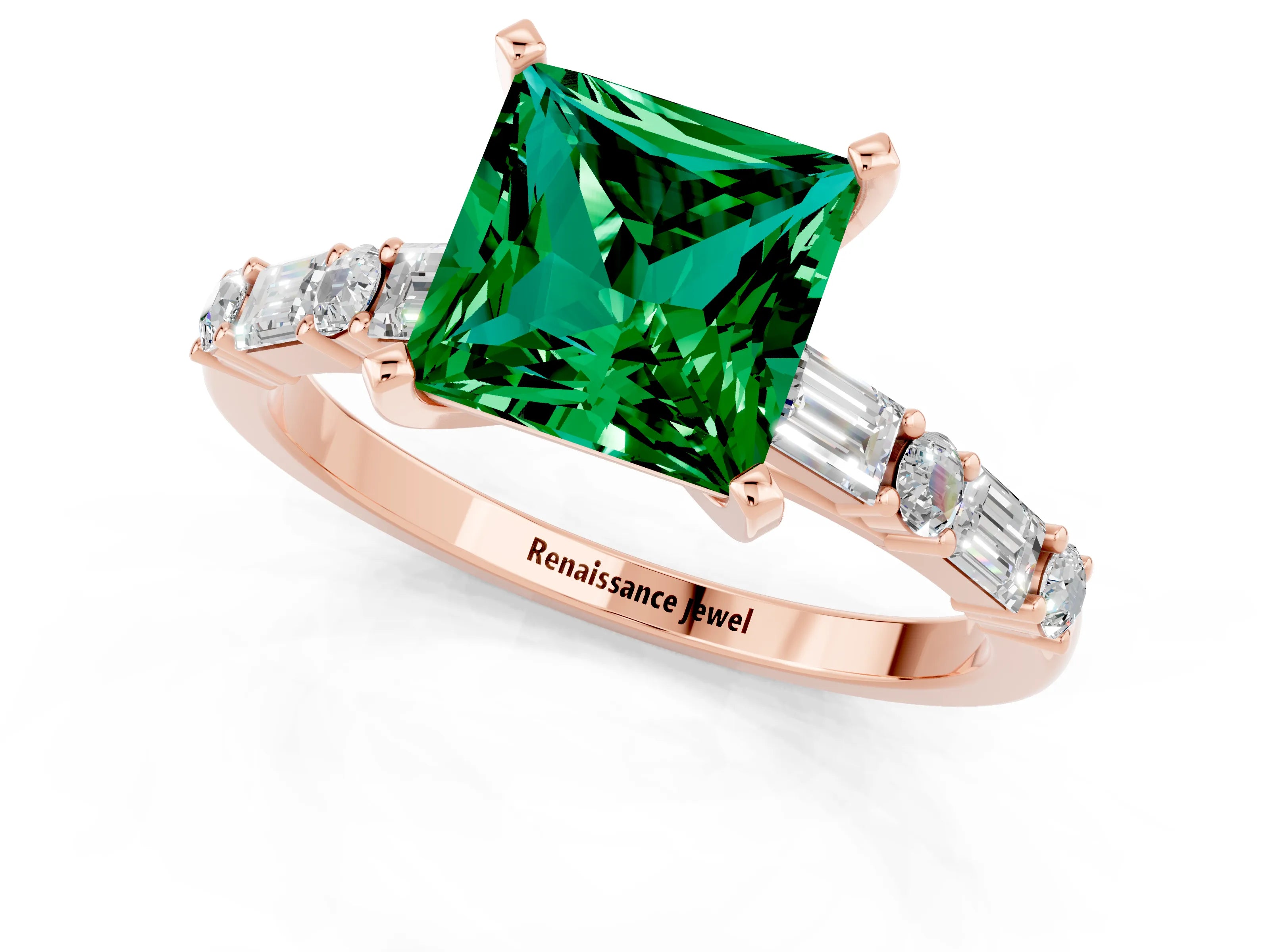 Rose gold Princess Cut Emerald Solitaire with Side Baguettes and Channel Set Band_1