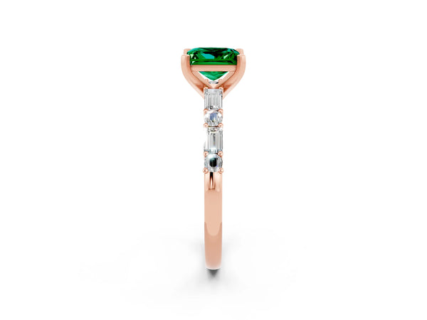 Rose gold Princess Cut Emerald Solitaire with Side Baguettes and Channel Set Band
