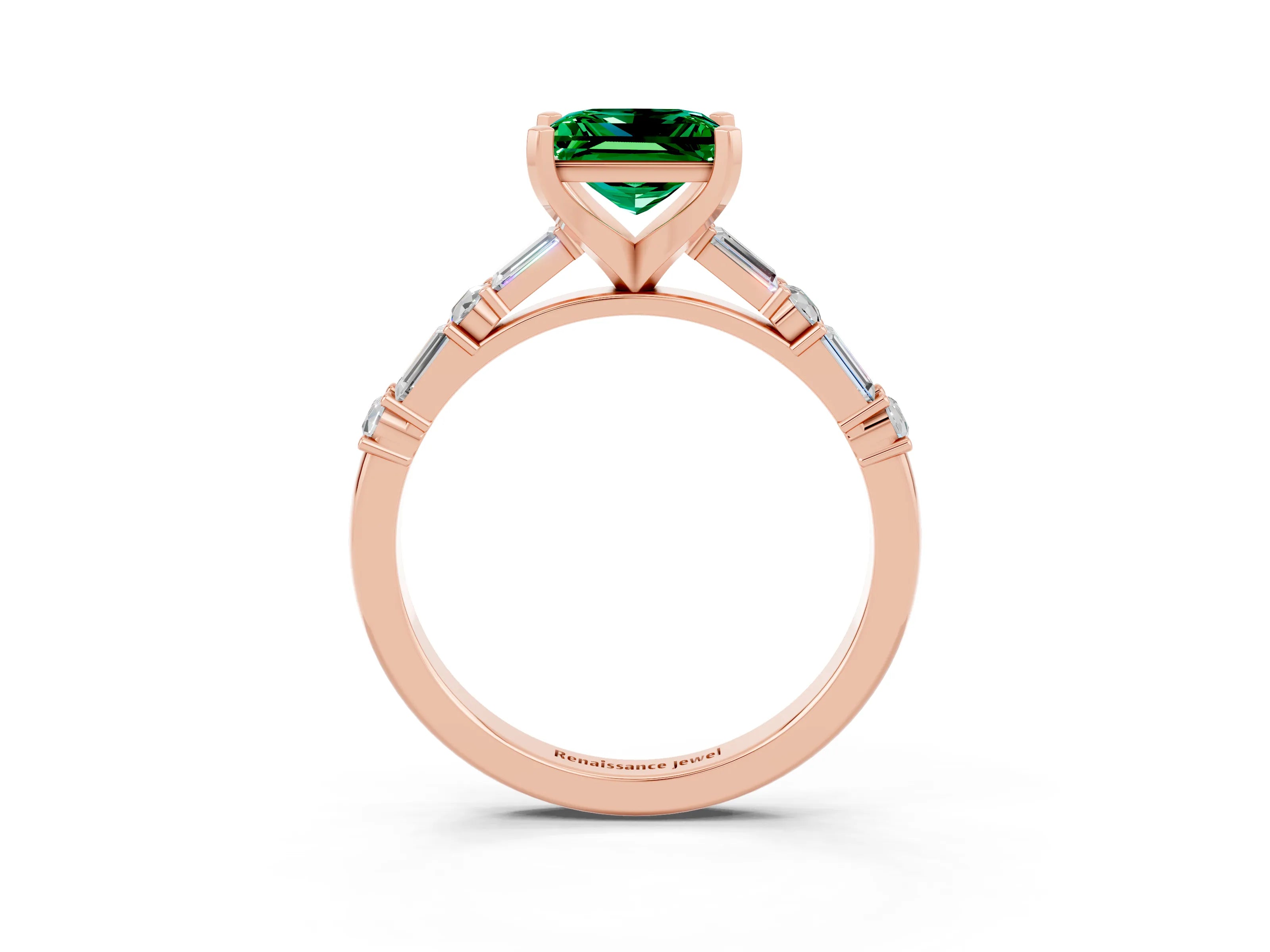 Rose gold Princess Cut Emerald Solitaire with Side Baguettes and Channel Set Band_3