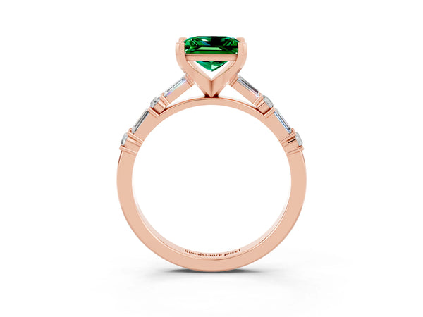 Rose gold Princess Cut Emerald Solitaire with Side Baguettes and Channel Set Band