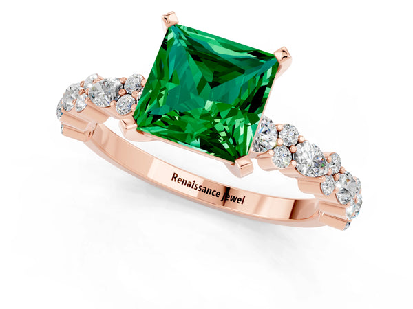 Rose gold Princess Cut Emerald Side Stone Solitaire Ring with Round  and Four-Prong Setting