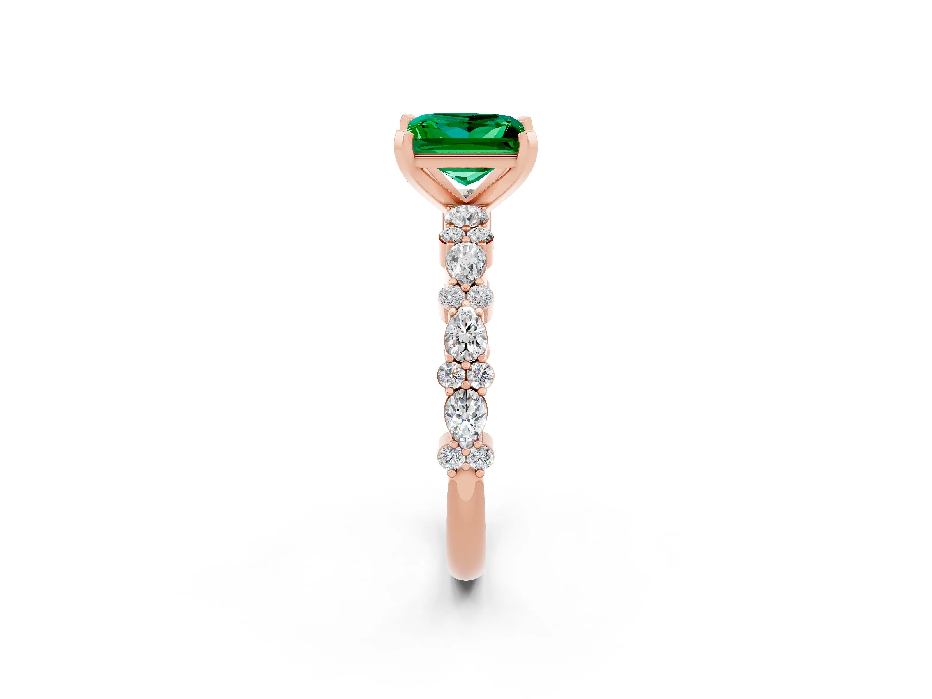 Rose gold Princess Cut Emerald Solitaire with Side Stones, Pave Band, Four-Prong Setting_38
