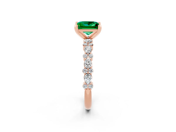 Rose gold Princess Cut Emerald Side Stone Solitaire Ring with Round  and Four-Prong Setting