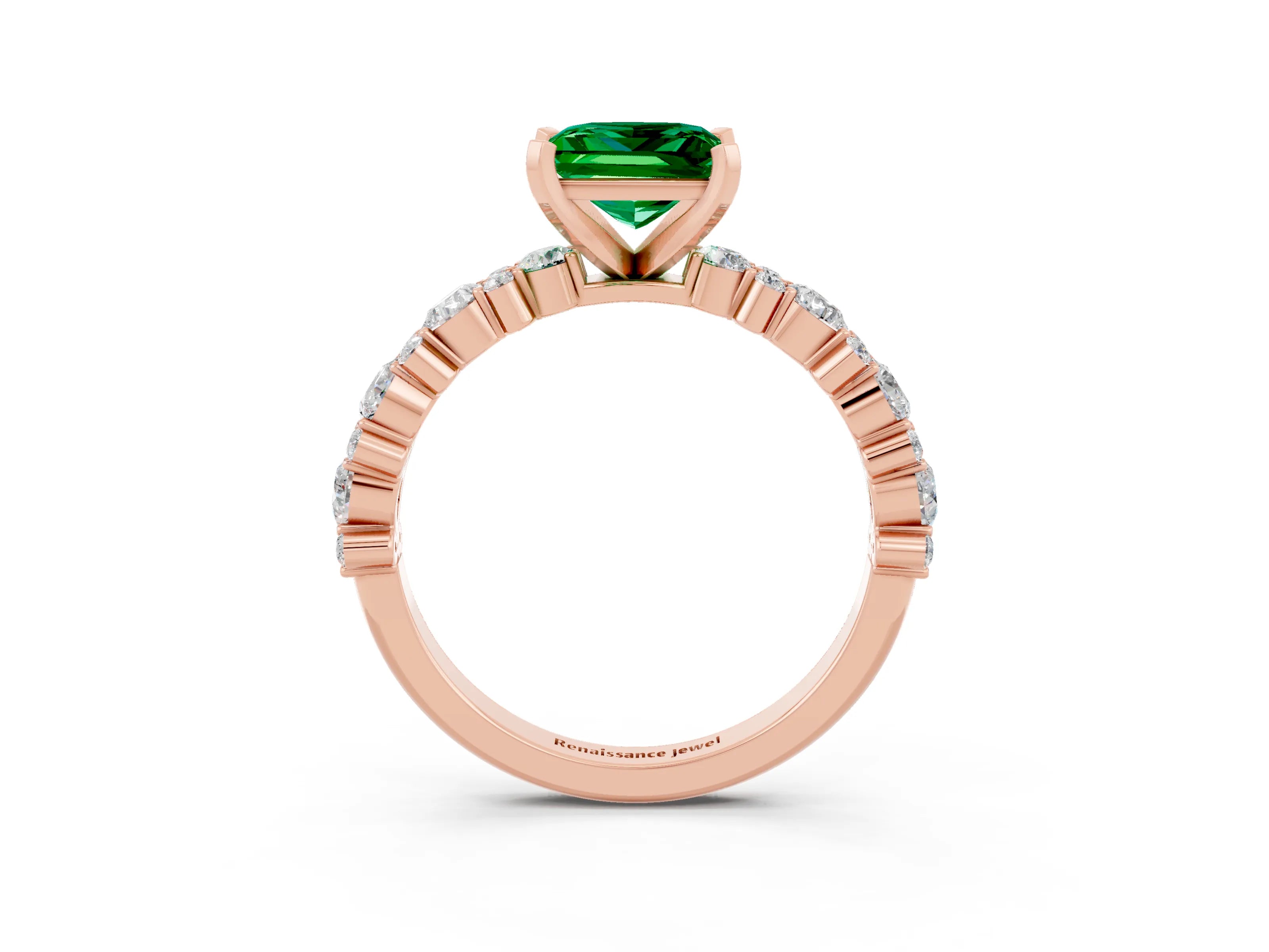 Rose gold Princess Cut Emerald Solitaire with Side Stones, Pave Band, Four-Prong Setting_39