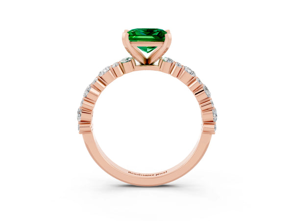 Rose gold Princess Cut Emerald Side Stone Solitaire Ring with Round  and Four-Prong Setting
