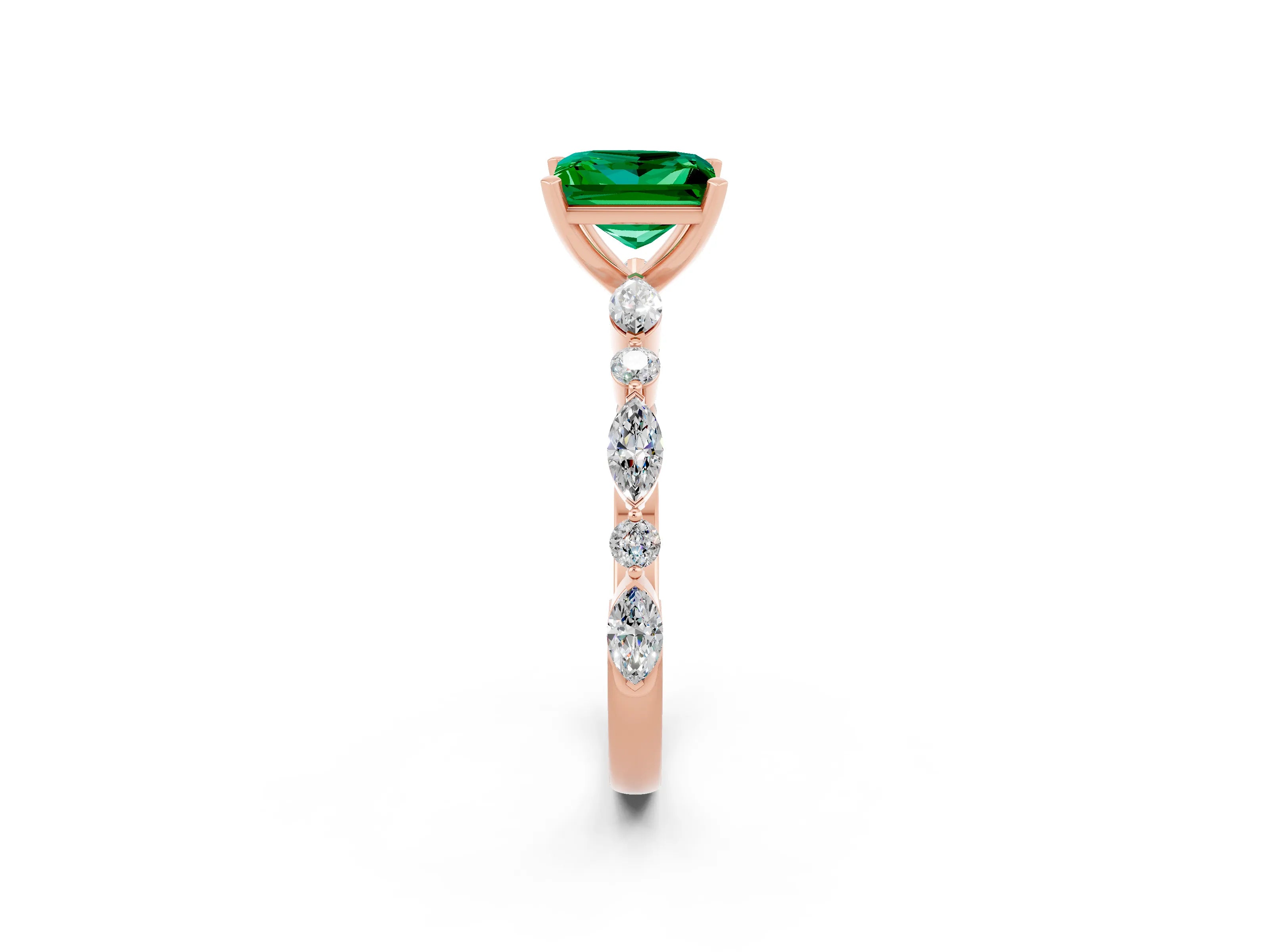 Rose gold Princess Cut Emerald Solitaire with Side Stones on a Pavé Band and Four-Prong Setting_2