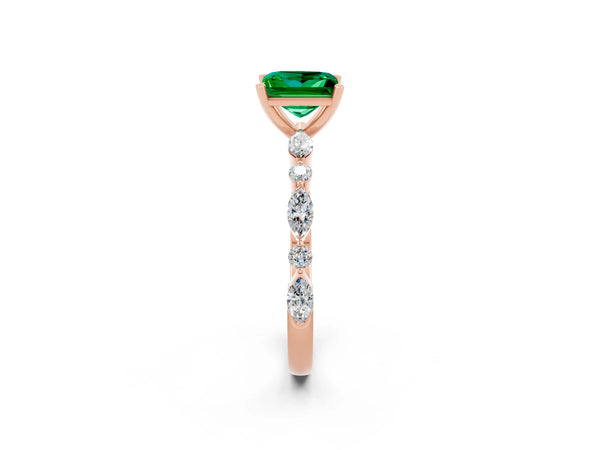 Rose gold Princess Cut Emerald Ring with Marquise and Round  Side Stones and Four-Prong Setting