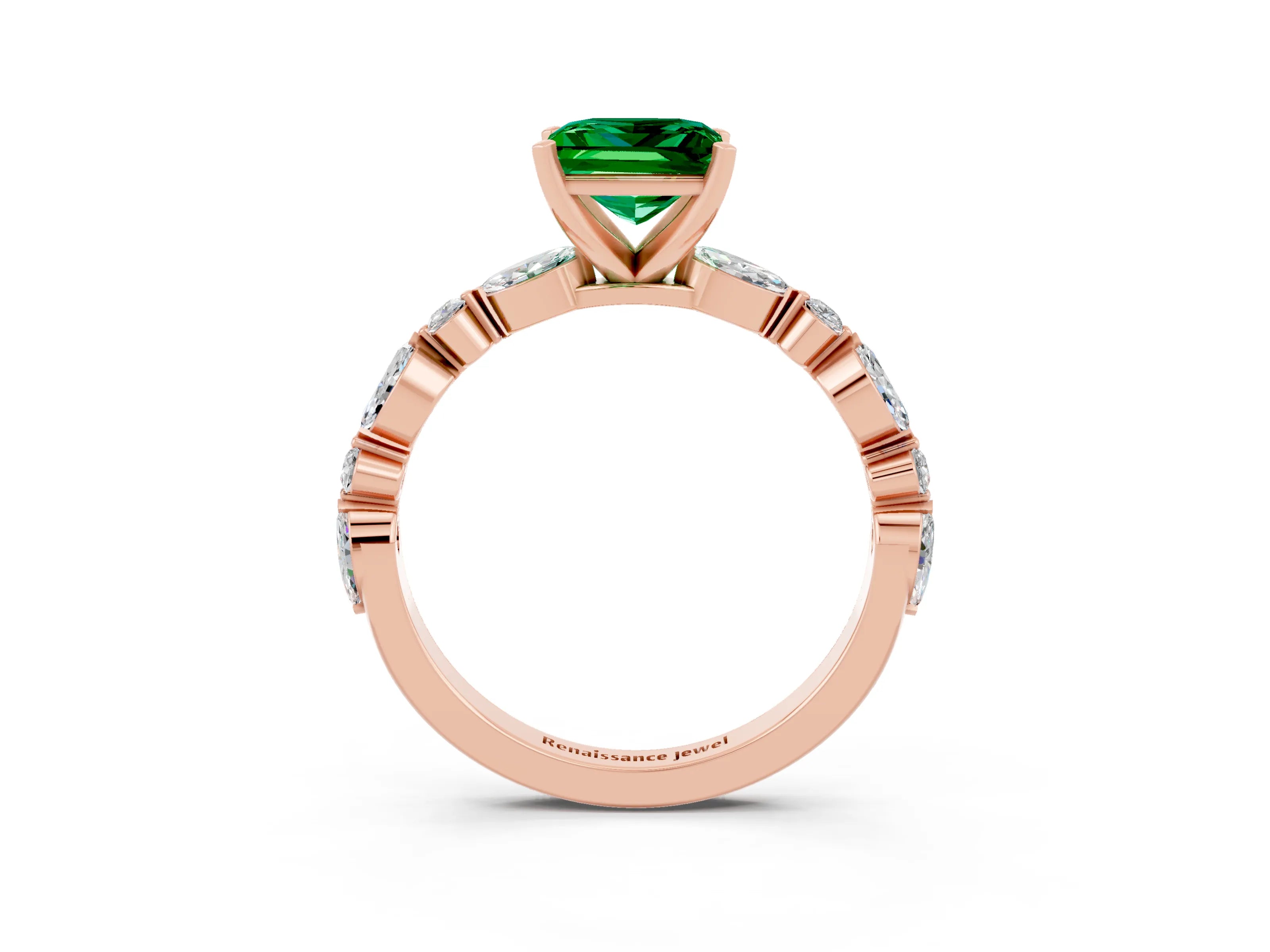 Rose gold Princess Cut Emerald Solitaire with Side Stones on a Pavé Band and Four-Prong Setting_3