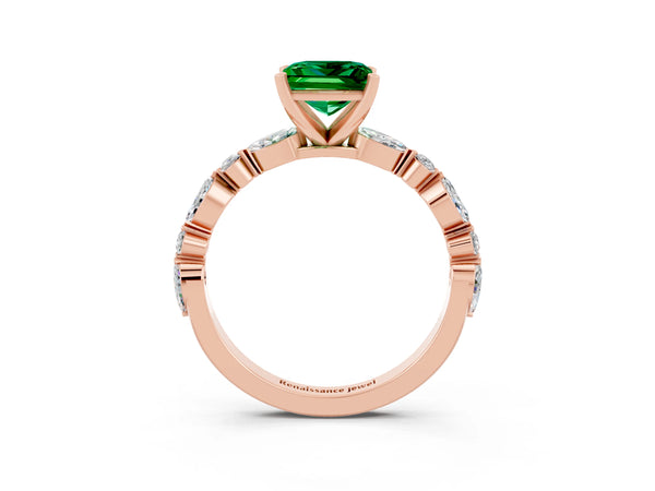Rose gold Princess Cut Emerald Ring with Marquise and Round  Side Stones and Four-Prong Setting